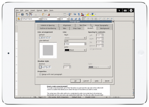 Remote access to OpenOffice on an iPad, complete with scroll bars, windows, and a mouse pointer